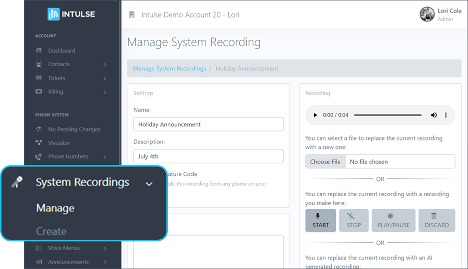 Manage System Recording